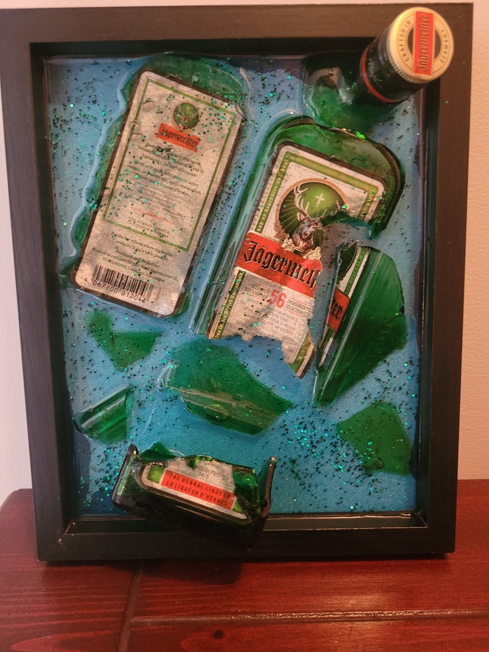 Jagermeister Green and Blue Mixed Media Bottle Shard Art Epoxy